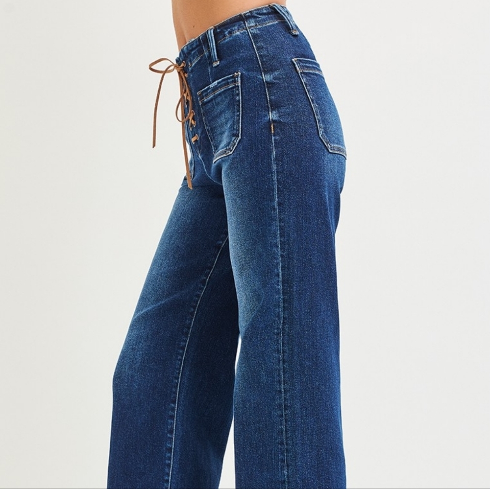 Women's Blue Wide Leg Front Tie Detail Jeans - Picture 7 of 10
